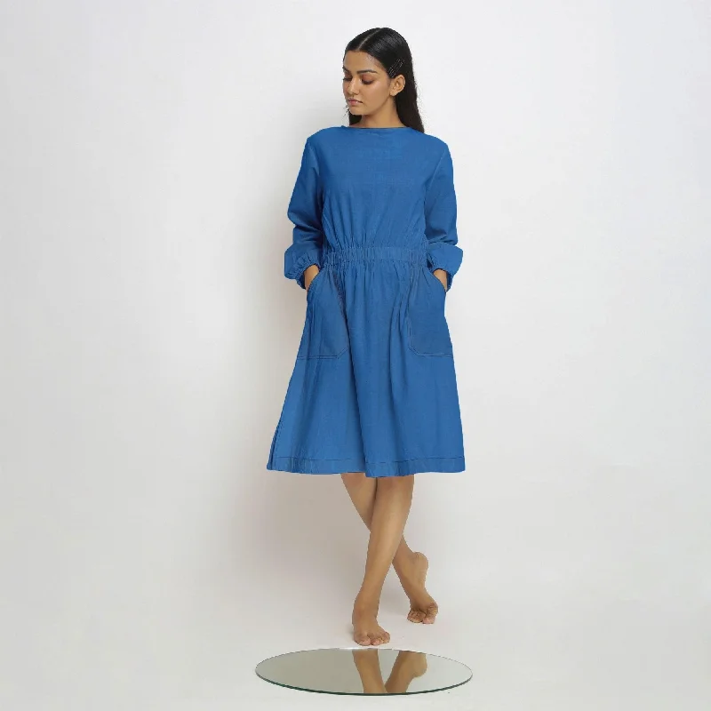 Doorbuster Deal Powder Blue Handspun Cotton Knee Length Fit and Flare Dress