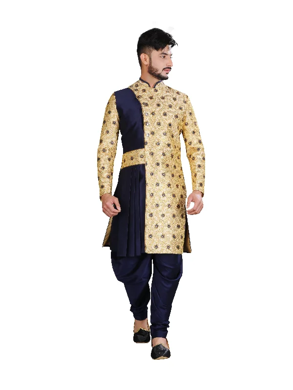 Act Fast Luring Navy Blue and Gold Brocade Silk Indian Wedding Sherwani For Men
