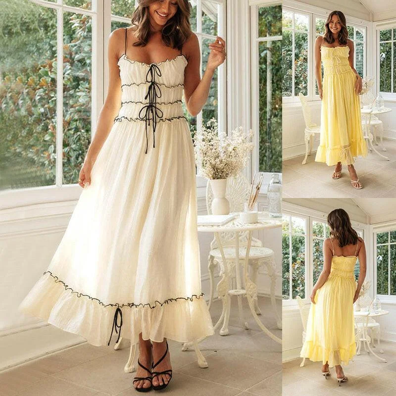 Price Cut Summer Suspender Spaghetti Strap Long Dresses With Bow Pleat Design Fashion Sweet Bow Beach Dress For Womens Clothing