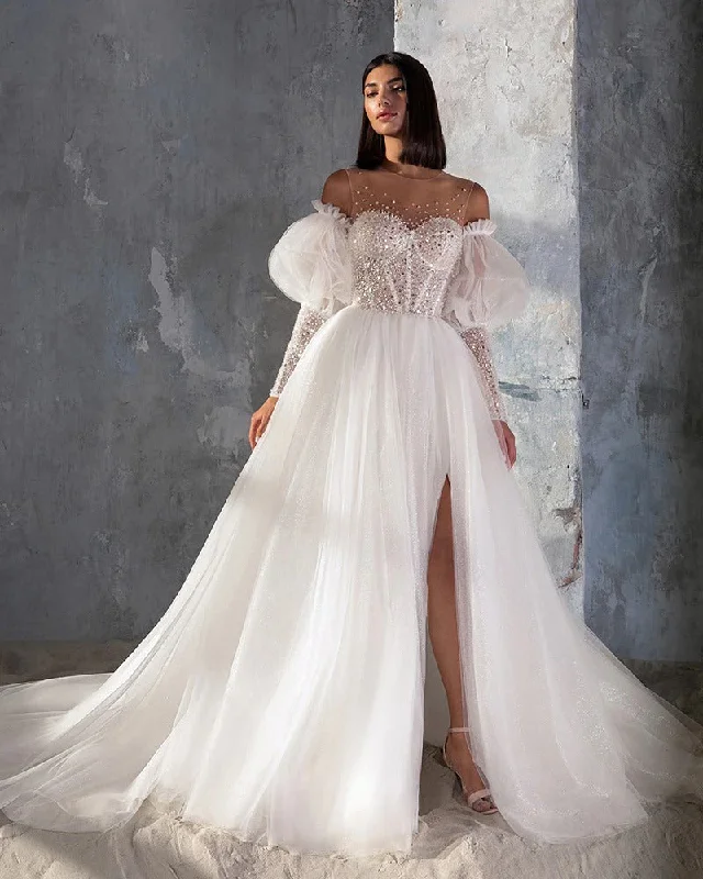 Quick Sale Women's O-Neck Wedding Dress With Detachable Sleeved