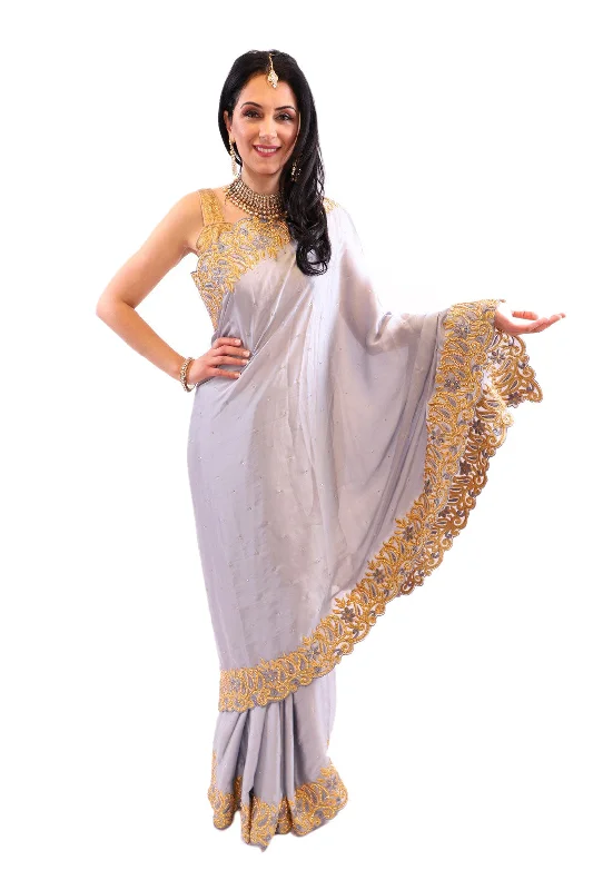 Best Seller Stunning Grey with Luxurious Gold Embroidered Pre-Pleated Ready-Made Sari