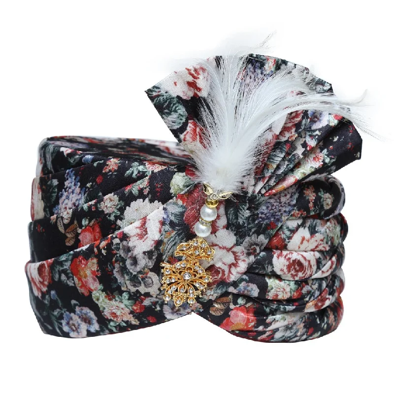 Instant Savings Black Silk Floral Print Wedding Safa Turban Pagdi -SNTBL0019