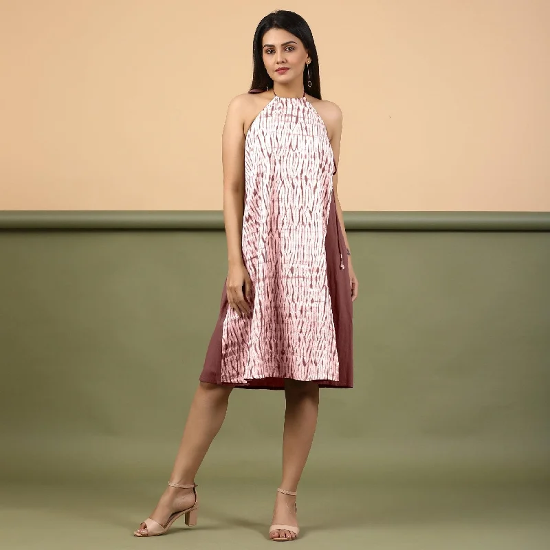 The Best Prices Maroon Shibori Tie-Dye Cotton Knee Length Halter Neck Dress