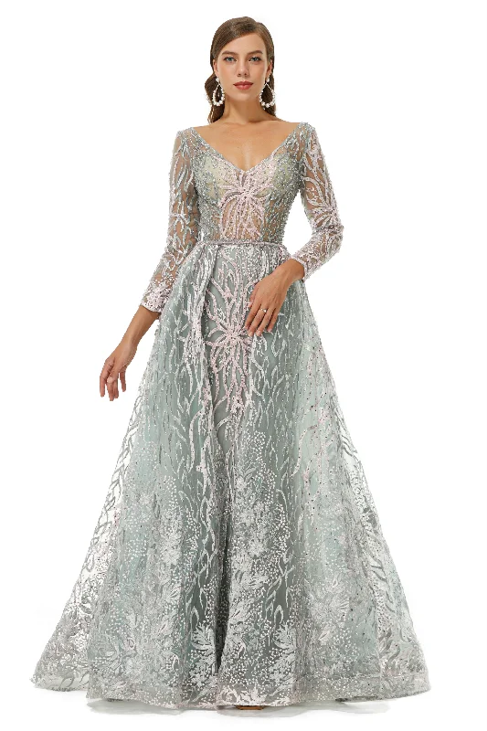 Discount Deals A-line V-neck Floor-length Long Sleeve Open Back Appliques Lace Corset Prom Dresses outfit