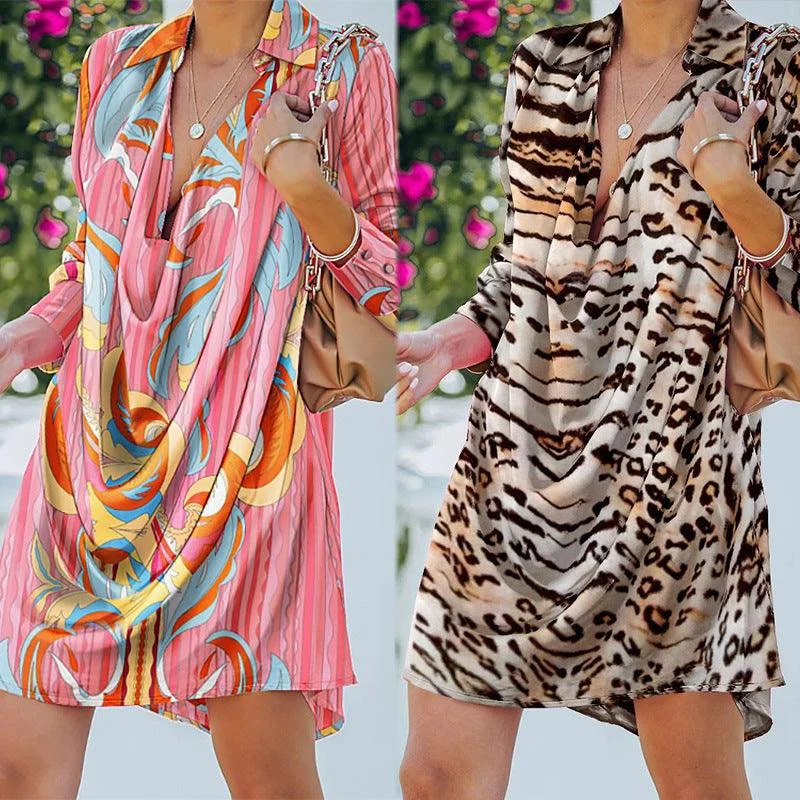 Amazing Deals Leopard Print A-Line Party Dress Lady Lapel Fashion Shirt Dress Women Vintage Long Sleeve Draped Mini Dress