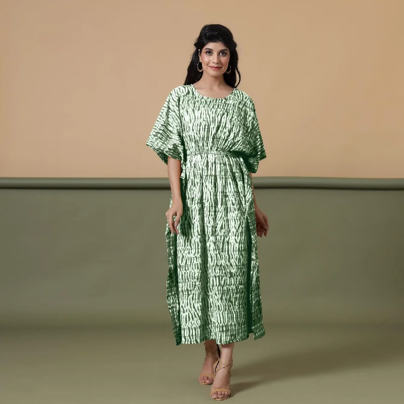 Savings Bonanza Forest Green Shibori Tie-Dye Cotton Kaftan Maxi Dress
