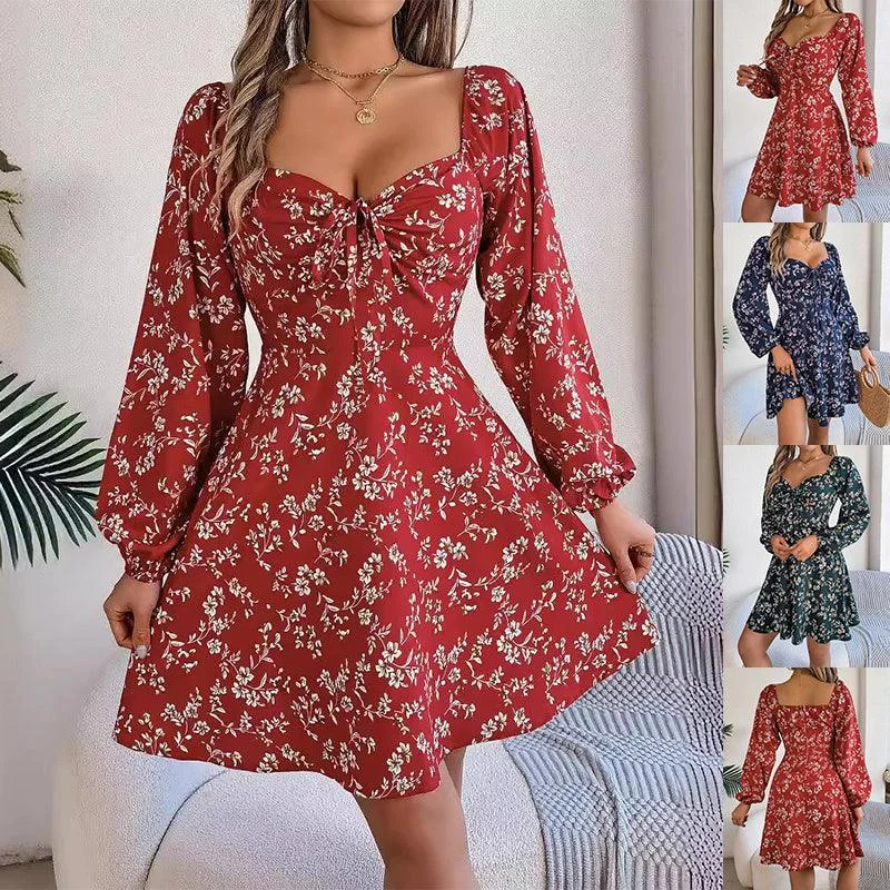 Can't Miss Fashion Floral Print Lantern Sleeve Dress Casual Sexy Tie Square Neck Long Sleeve A-Line Dress Women's Clothing Can't Miss Fashion Floral Print Lantern Sleeve Dress Casual Sexy Tie Square Neck Long Sleeve A-Line Dress Women's Clothing