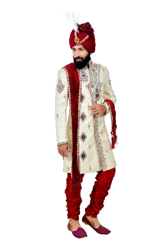 Discount Extravaganza Zari Brocade Silk Cream and Maroon With Churidar Indian Wedding Sherwani For Men - RK2058 Discount Extravaganza Zari Brocade Silk Cream and Maroon With Churidar Indian Wedding Sherwani For Men - RK2058