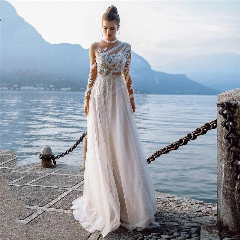 Huge Discounts Women's Long Sleeved White Appliques Lace Wedding Dress