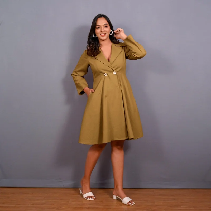 Stock Clearance Mustard Warm Cotton Flannel Fit and Flare Knee Length Blazer Dress
