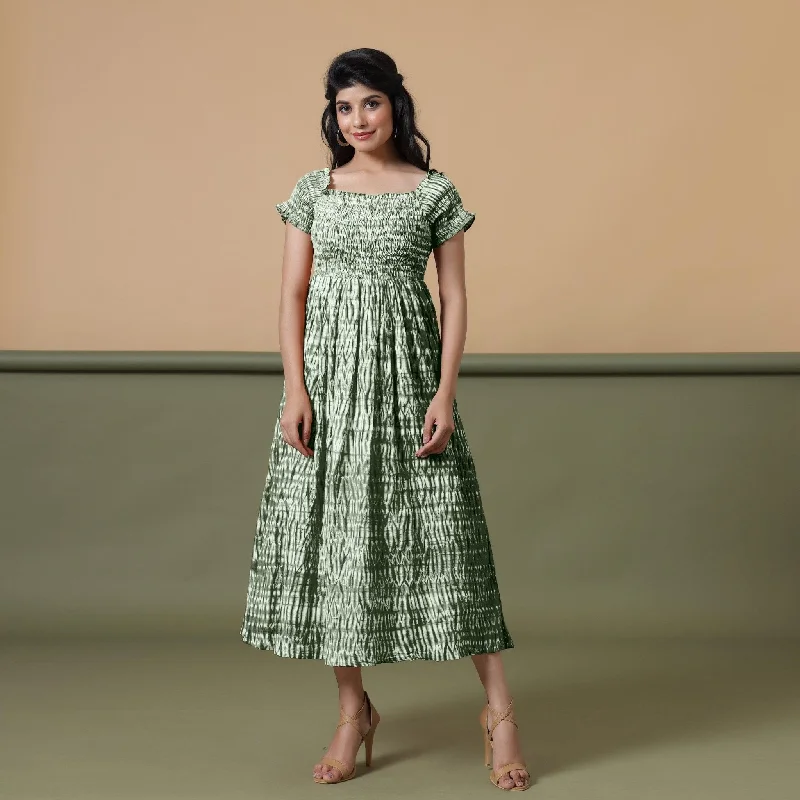 Closeout Sale Forest Green Shibori Tie-Dye Cotton Maxi Gathered Dress