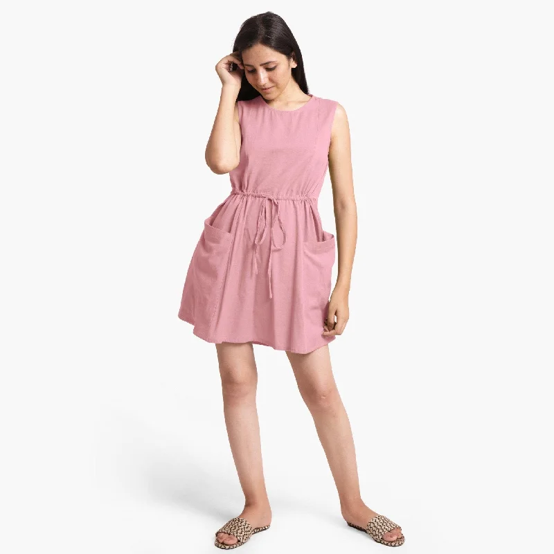 Closeout Sale Pink Patch Pocket Cotton Flax Princess Line Short Dress