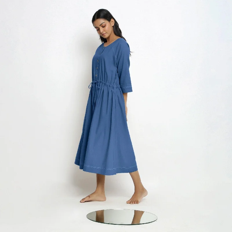 Special Promotion Powder Blue Handspun Cotton Round Neck Button-Down Midi Dress