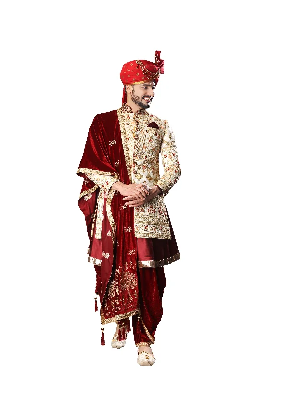 Super Sale Royal Cream and Maroon Velvet Wedding Sherwani For Men