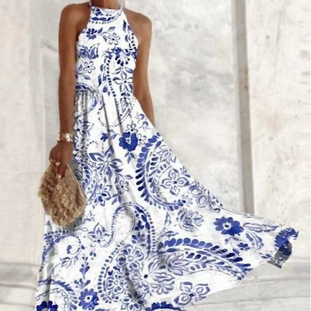 Savings Galore Women's Sleeveless Blue And White Porcelain Color Matching Long Comfortable Dress Savings Galore Women's Sleeveless Blue And White Porcelain Color Matching Long Comfortable Dress