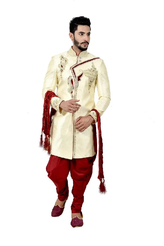 Overstock Sale Stylish Brocade Silk Cream And Maroon Indian Wedding Sherwani For Men - RK2060 Overstock Sale Stylish Brocade Silk Cream And Maroon Indian Wedding Sherwani For Men - RK2060