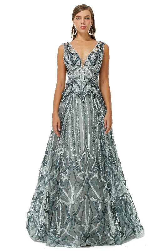 Price Drop Alert Tulle Deep V-neck Beading Corset Prom Dresses outfit