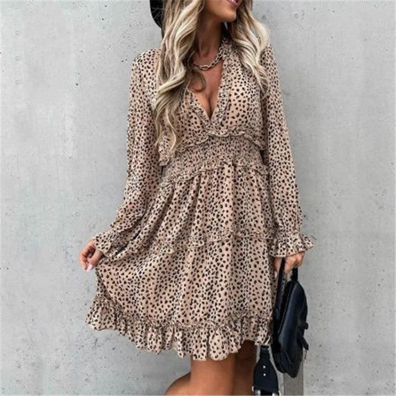 Steals and Deals Long Sleeve Elastic Waist Ruffle Print Dress