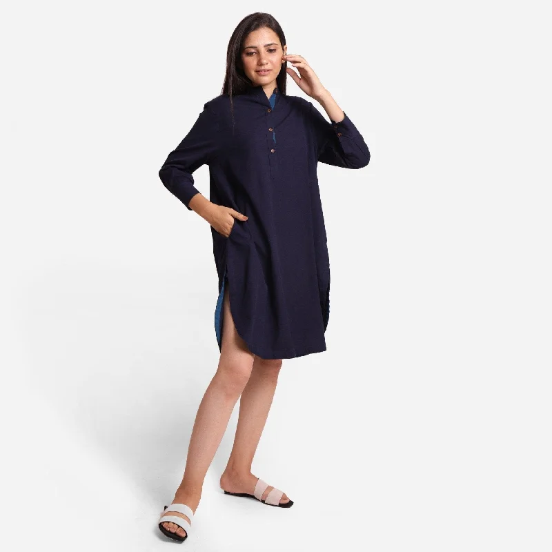 Reduced Prices Navy Blue Cotton Flax Knee Length Shirt Dress