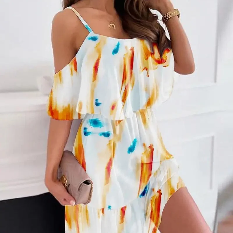 Huge Discounts Chiffon Printing Off-the-shoulder Strap Dress