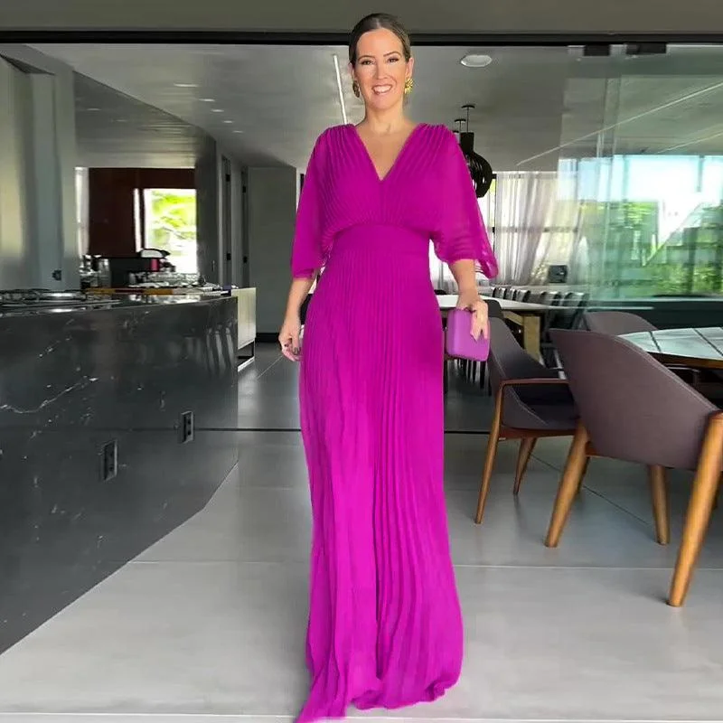 Price Reduction Women's Solid Color And V-neck Bat Sleeve High Waist Dress