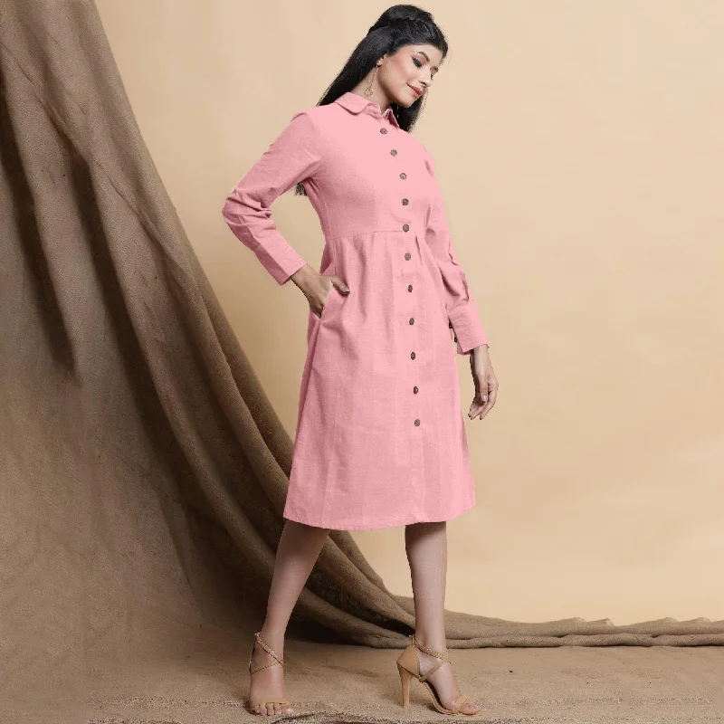 Shop and Save Pink Button Down Cotton Flax Knee Length Formal Dress
