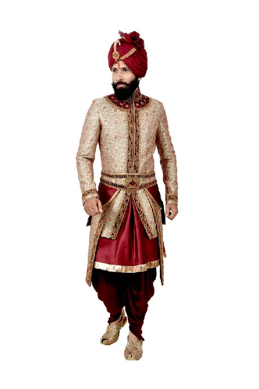 Year-End Sale Maharaja Anarkali Style Cambridge Blue And Maroon Indian Wedding Sherwani For Men - RK2064 Year-End Sale Maharaja Anarkali Style Cambridge Blue And Maroon Indian Wedding Sherwani For Men - RK2064