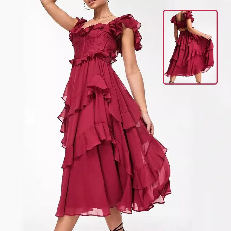 Blowout Sale Summer Holiday Ruffled Short-sleeved Dress Fashion Backless Square Neck Long Dresses For Party Womens Clothing Blowout Sale Summer Holiday Ruffled Short-sleeved Dress Fashion Backless Square Neck Long Dresses For Party Womens Clothing