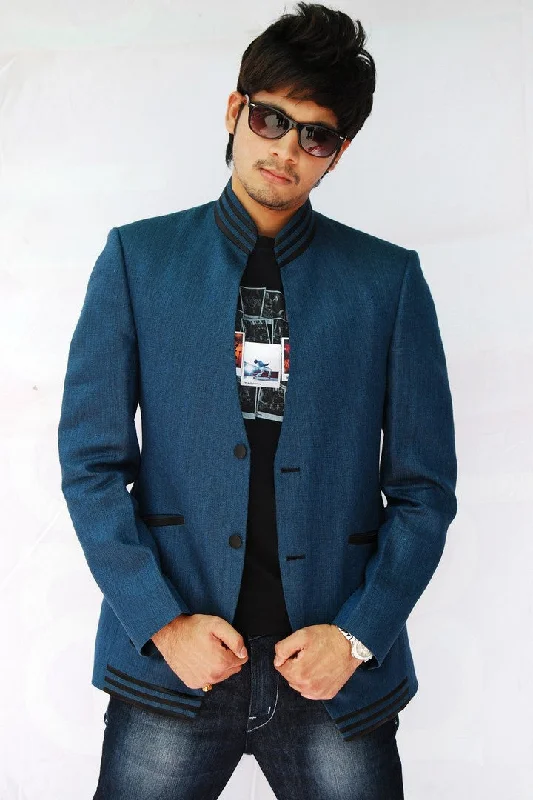 Midnight Madness Sporty Blue Stand Collar Linen Blazer For Men - BL5014SNT
