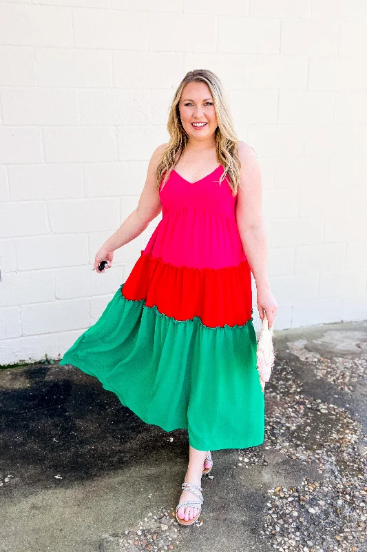 Price Smash Take Me On A Vacay Color Block Midi Dress, Multi