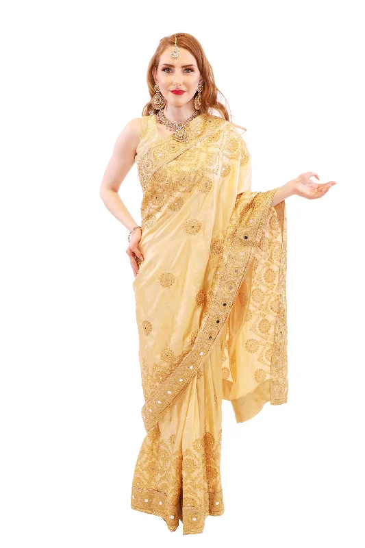 Price Rollback Golden Goddess Embroidered Pre-Pleated Ready-Made Sari
