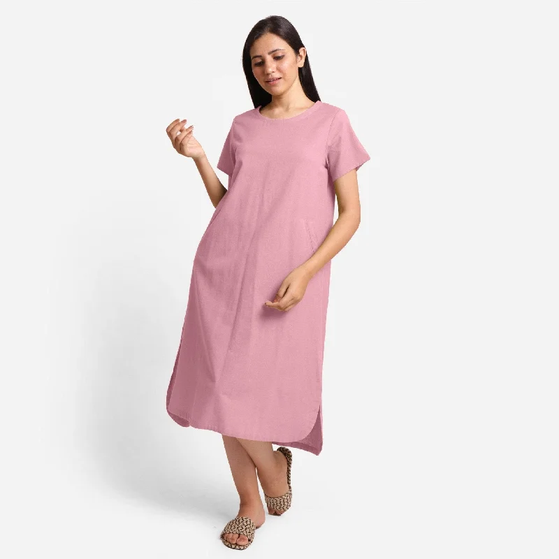 Deal Alert Pink Cotton Flax High-Low Midi Shift Dress