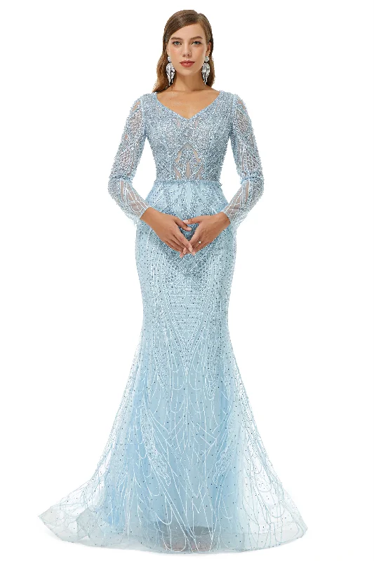 Act Fast Neckline Long Sleeve Mermaid Lace Pattern Tulle Beading Corset Prom Dresses outfit