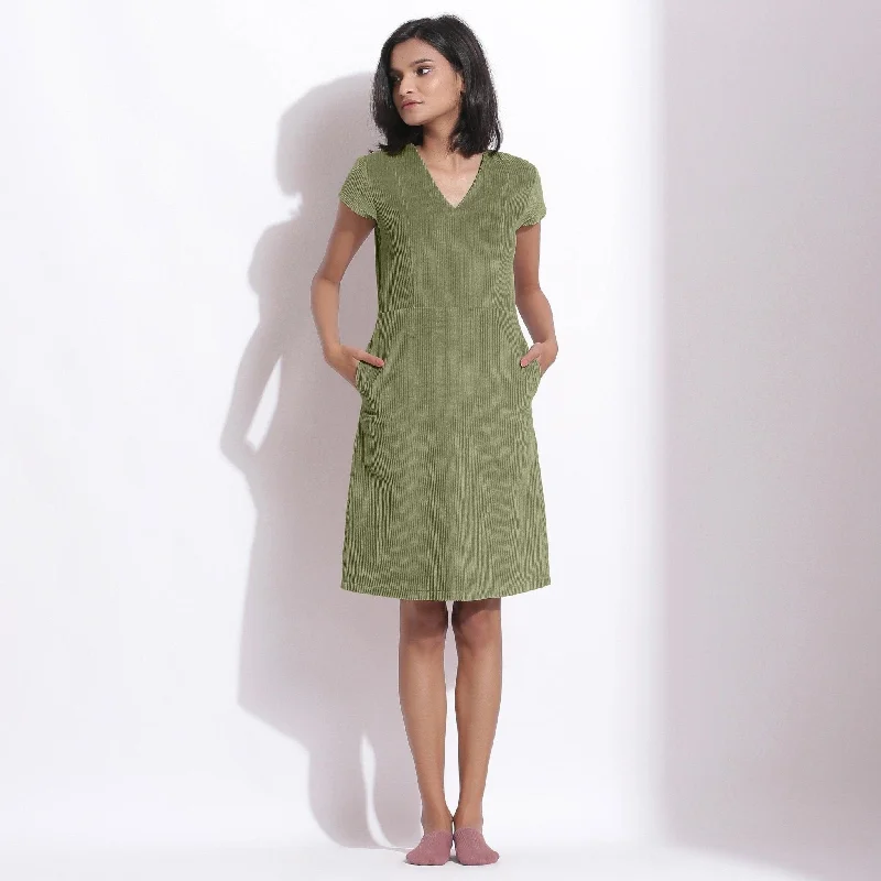 Super Sale Sage Green Warm Cotton Corduroy Knee Length Shift Dress