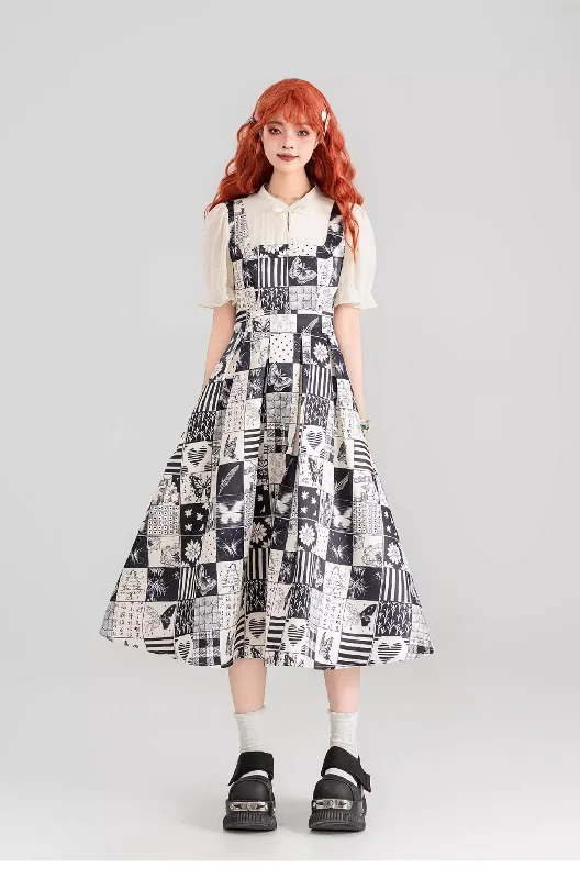 Bonus Savings Retro Long Black White Prints Summer Dress