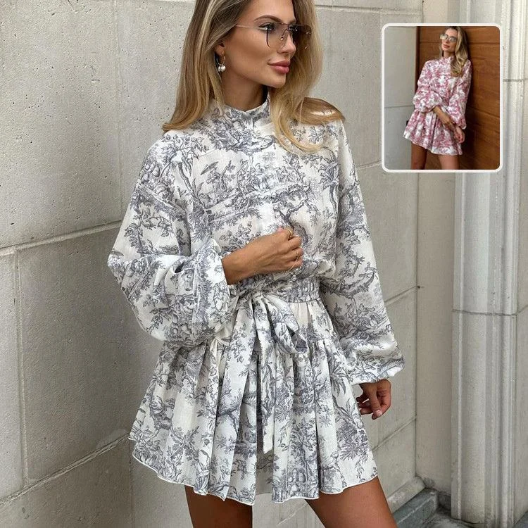Limited Quantity Ink Print Long Sleeve Short Dress With Fashion Puffy Sleeve Lapel Tie A-Line Dress Clothing