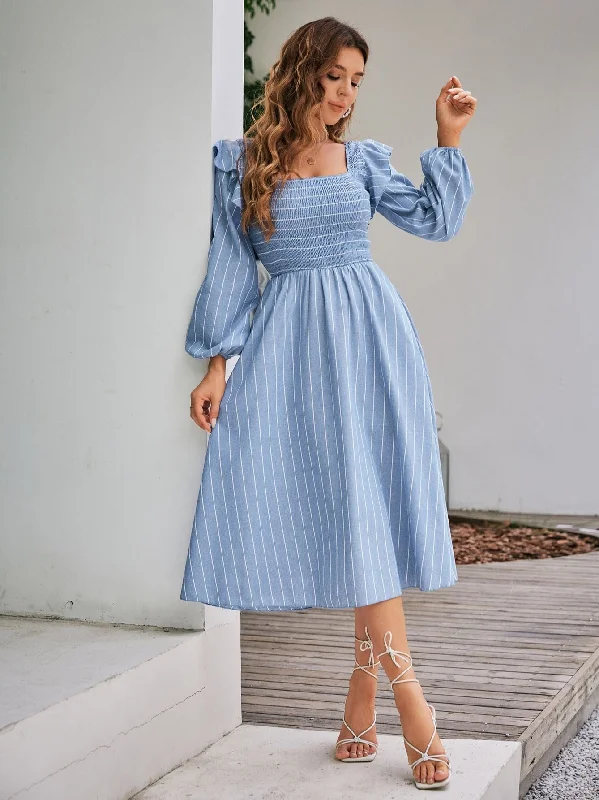 Price Reduction Women's Summer Ruffle Lantern Sleeved Stripes Blue Dress