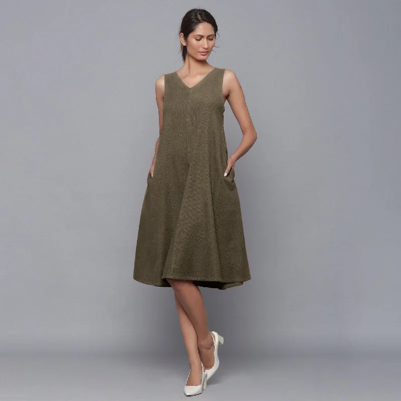 Sneak Peek Sale Bronze Grey Warm Cotton Corduroy Knee Length Flared Dress