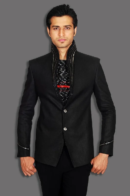 Huge Discounts Royal Black Embroidery Linen Blazer For Men - BL5016SNT