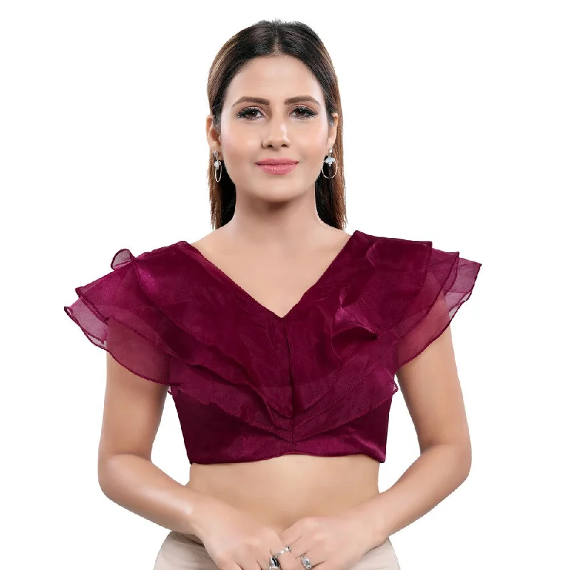 Special Buy Trendy Wine Designer Indian Saree Blouse Choli with V-Neck (B-01NS-Wine)