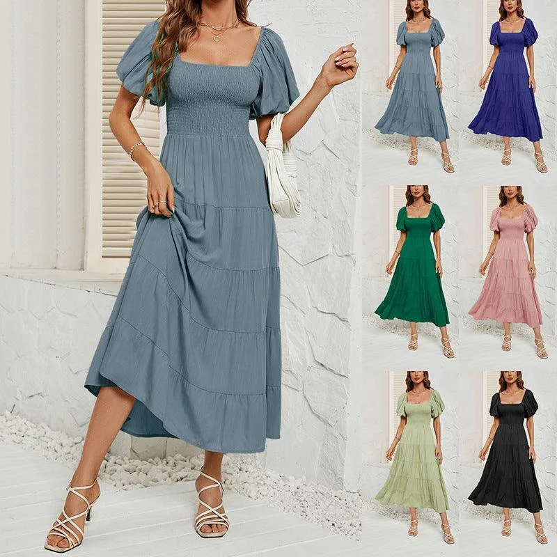 Price Reduction Summer Square Collar Backless Puff Sleeve Dress Women