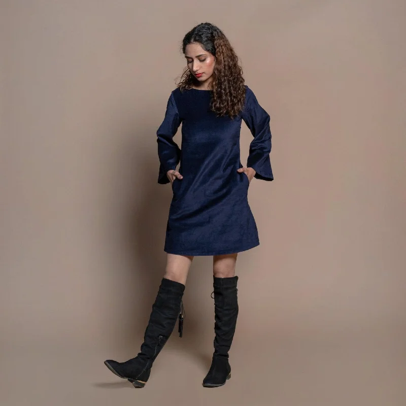 Price Reduction Navy Blue Cotton Velvet Boat Neck Sheath Short Dress
