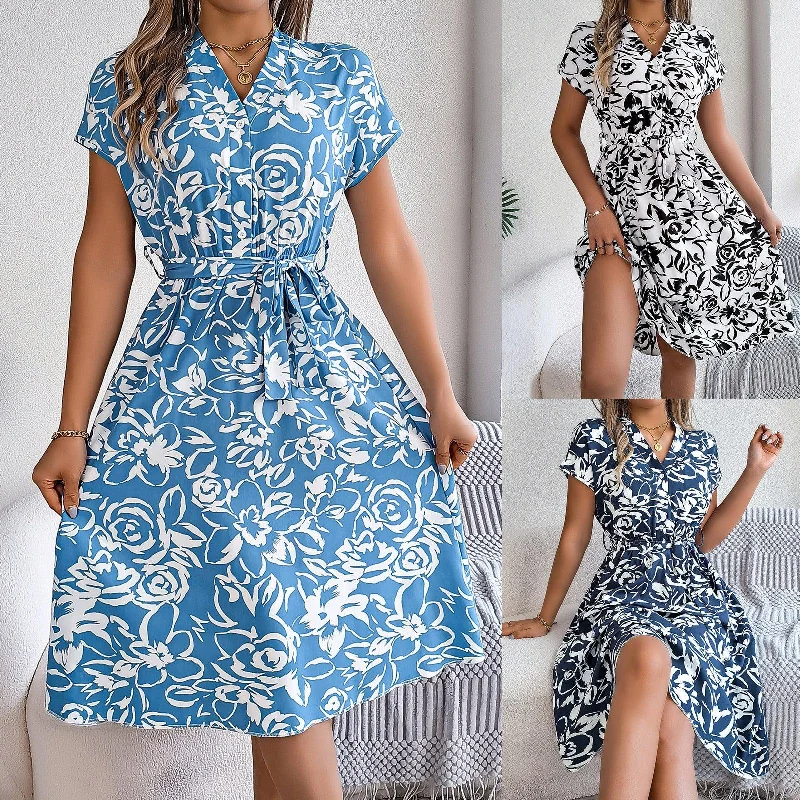 Weekend Flash Sale Women's Casual V-neck Button Batwing Sleeve Flower Swing Dress