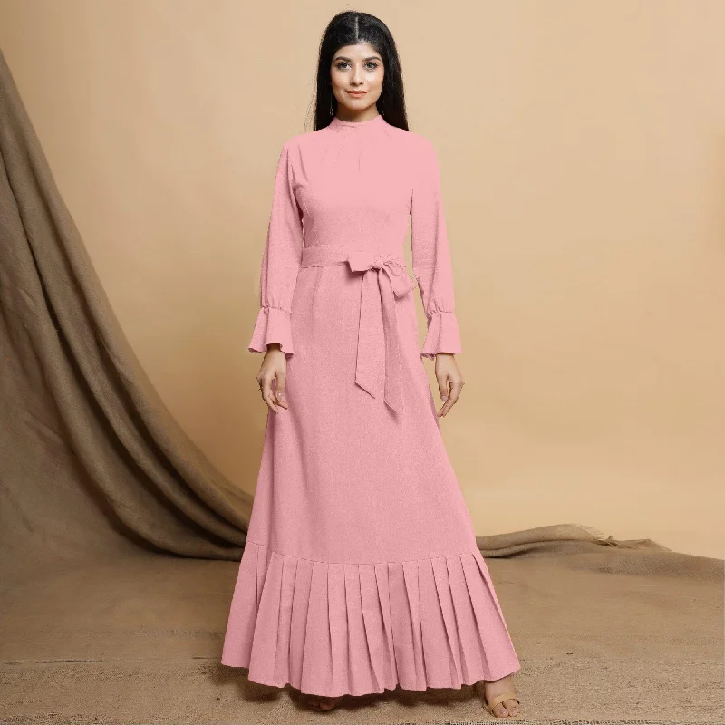 Lowest Price Pink Cotton Flax Crew Neck Floor Length Tier Dress