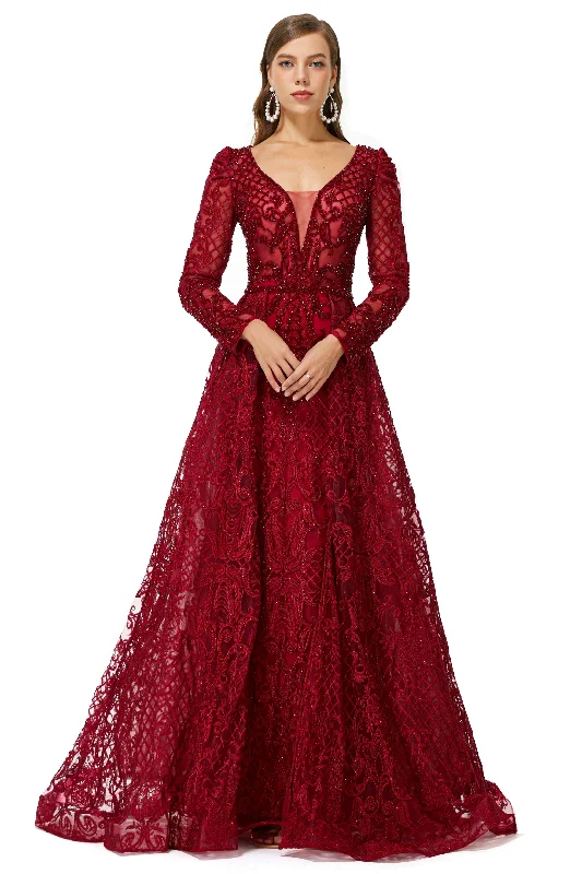 Great Deals Beaded Wine Red Long V neck Sleeves Corset Prom Dresses outfit