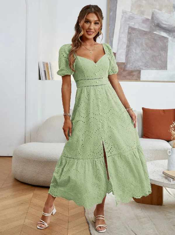 Friends and Family Sale Women's Cotton Puff Sleeves V-Neck Dress