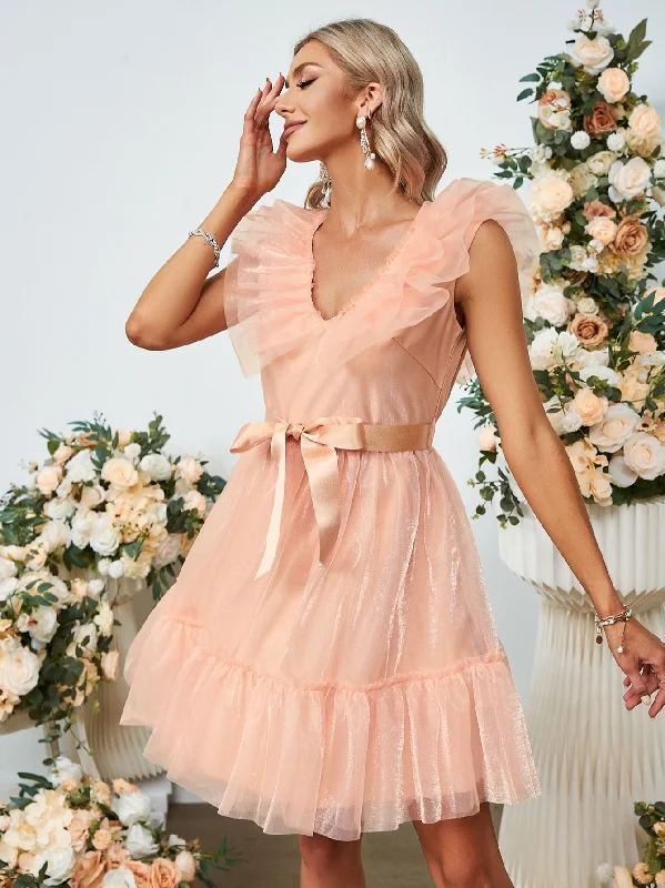 Warehouse Sale Women's Summer V-Neck Pink Mini Dress With Belt