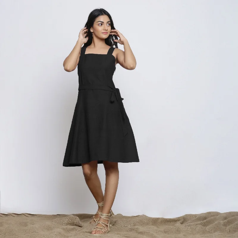 New Arrival Black Cotton Flax Knee Length Princess Line Dress