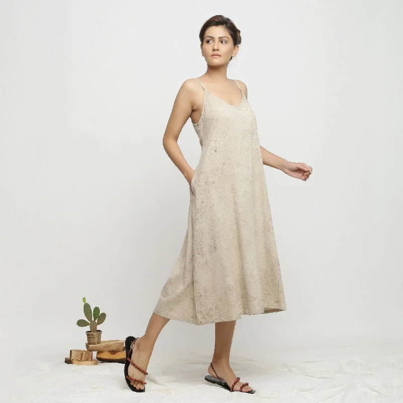 Epic Deals Beige Dabu Hand-Lep Cotton A-Line Midi Dress