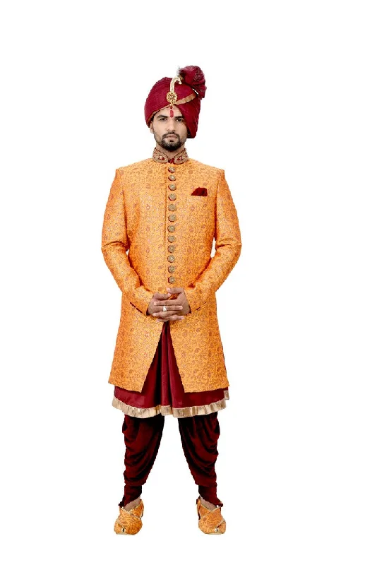 Blowout Sale Royal Brocade Silk Rajah And Maroon Indian Wedding Sherwani For Men - RK2061 Blowout Sale Royal Brocade Silk Rajah And Maroon Indian Wedding Sherwani For Men - RK2061